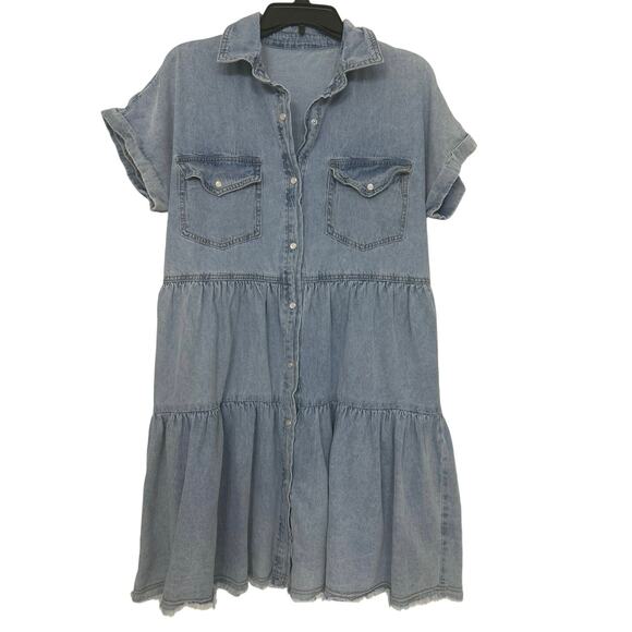 Dresses & Skirts - Denim Tiered Pearl Snap Boho Western Shirt Dress Country Concert Cowgirl Large